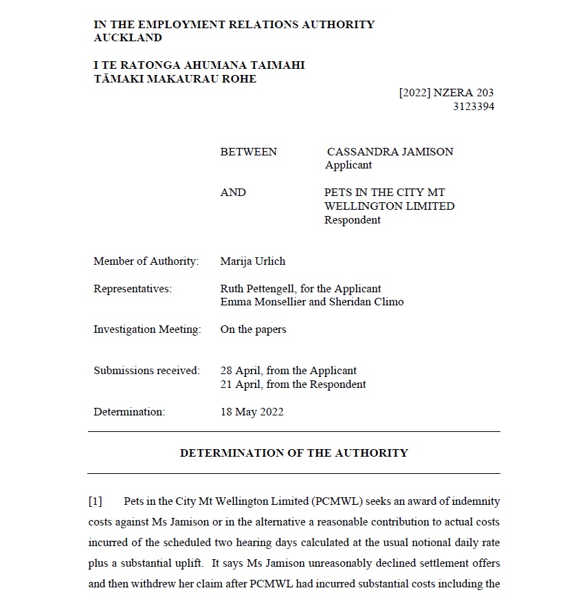 Jamison v Pets In The City Mt Wellington Limited [2022] NZERA 203
