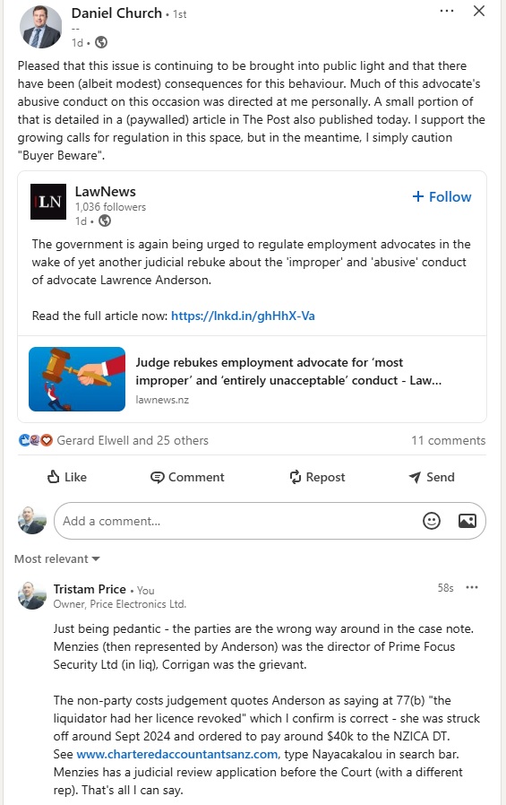 Screenshot of Daniel Church LinkedIn post referencing LawNews and adding Buyer Beware.