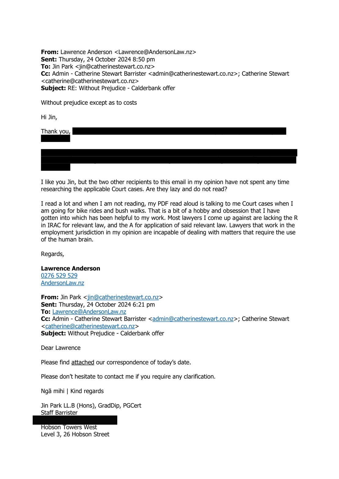 Annexure C email showing the 'human brain' line (24 October 2024).