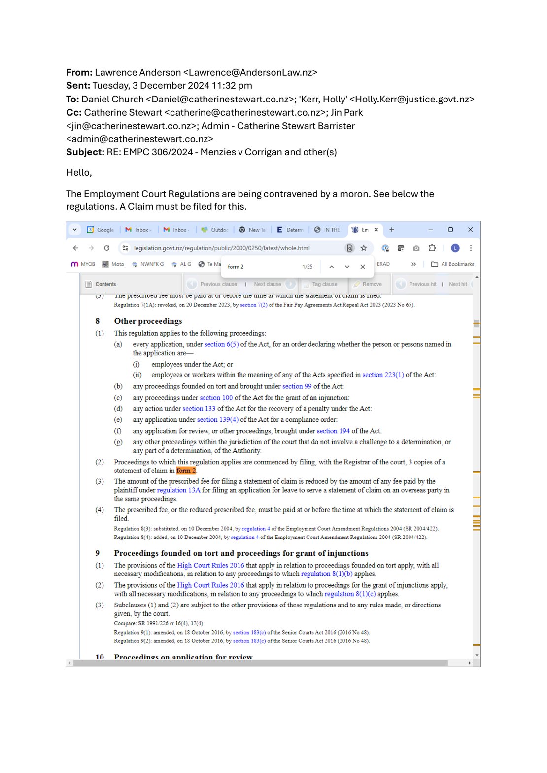 Annexure F email showing the 'moron' remark about procedure (3 December 2024).