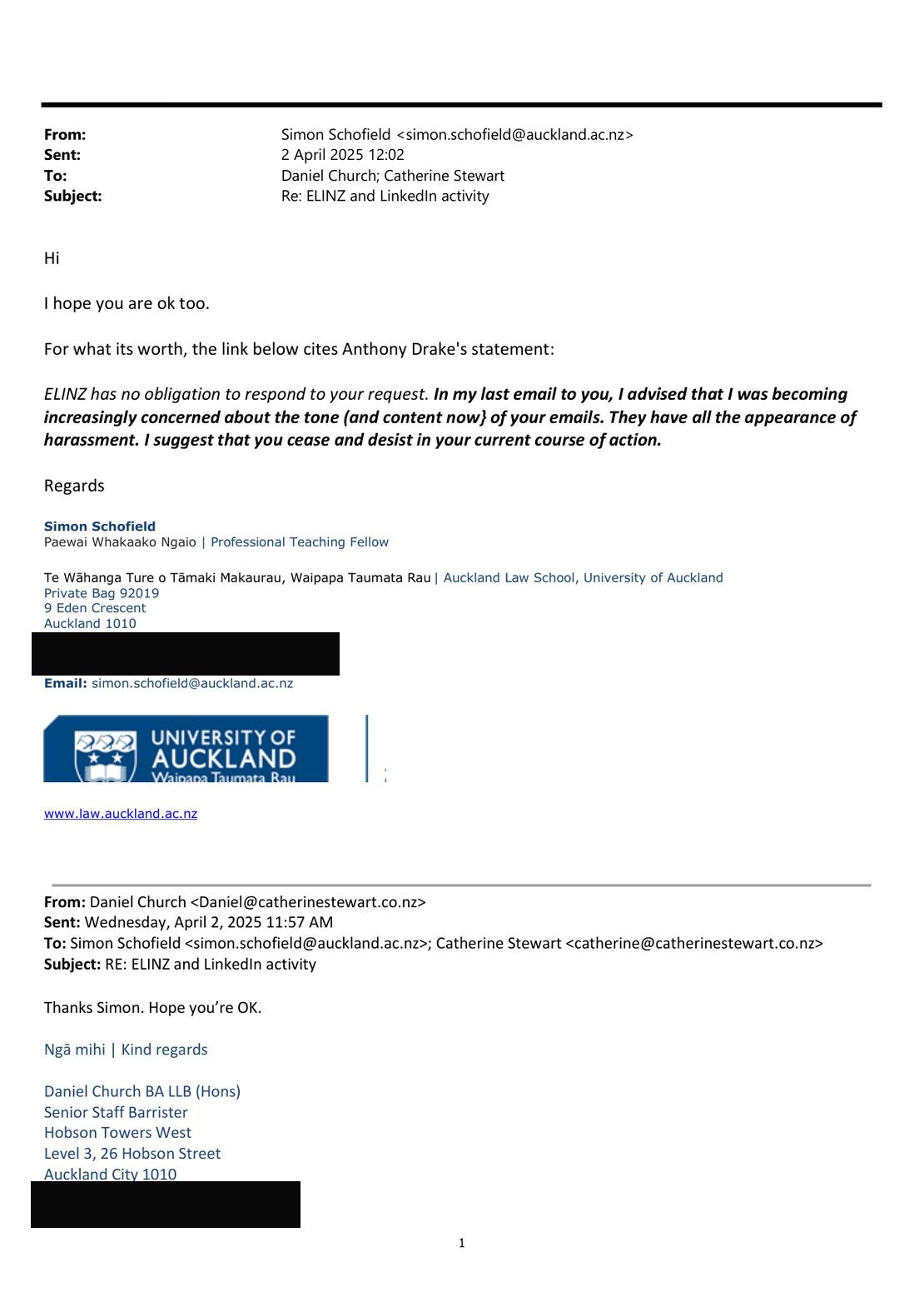 Email from Simon Schofield to Daniel Church and Catherine Stewart about ELINZ and LinkedIn (2 April 2025).