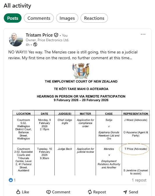 Employment Court list extract showing Menzies v Employment Relations Authority and Another, application for judicial review, listed for Tuesday 10 February 2026 at 9.30am in Auckland, Judge Beck, representation T Price (Advocate).