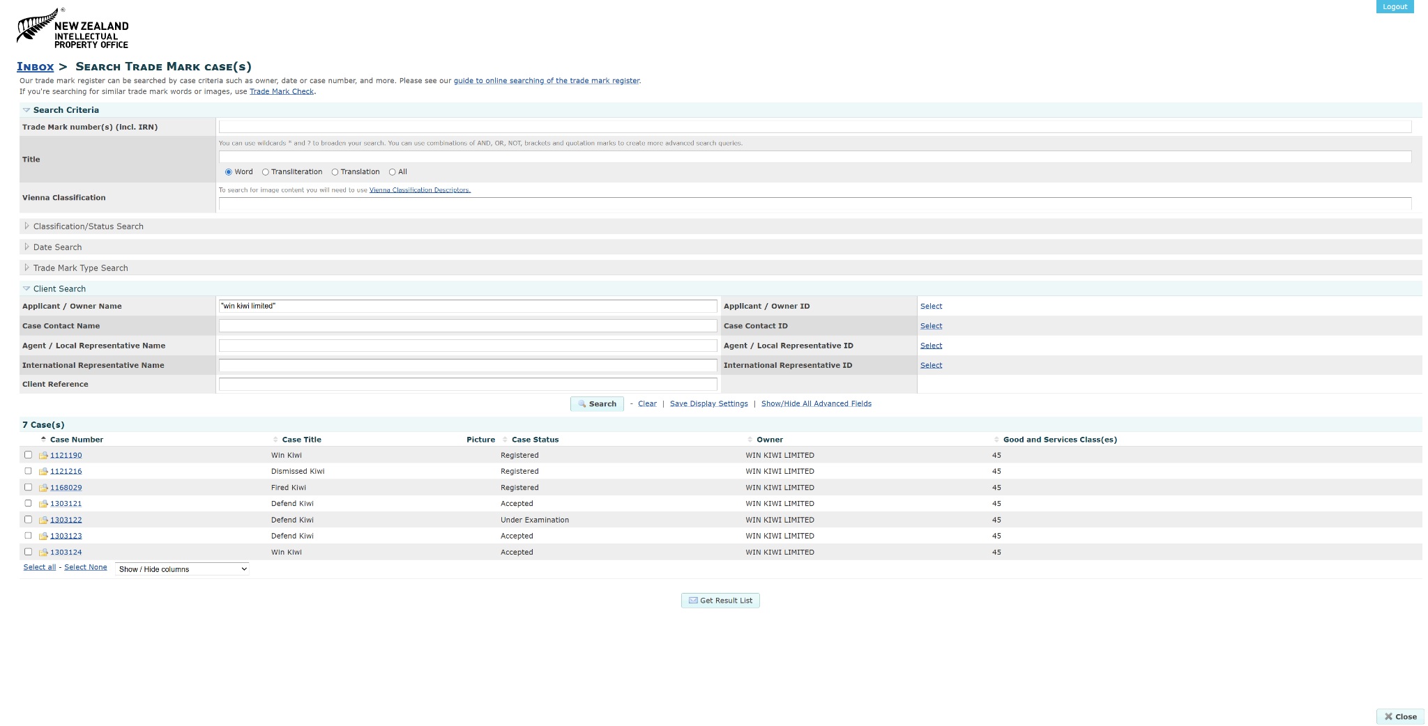 IPONZ search results for Win Kiwi Limited trade marks