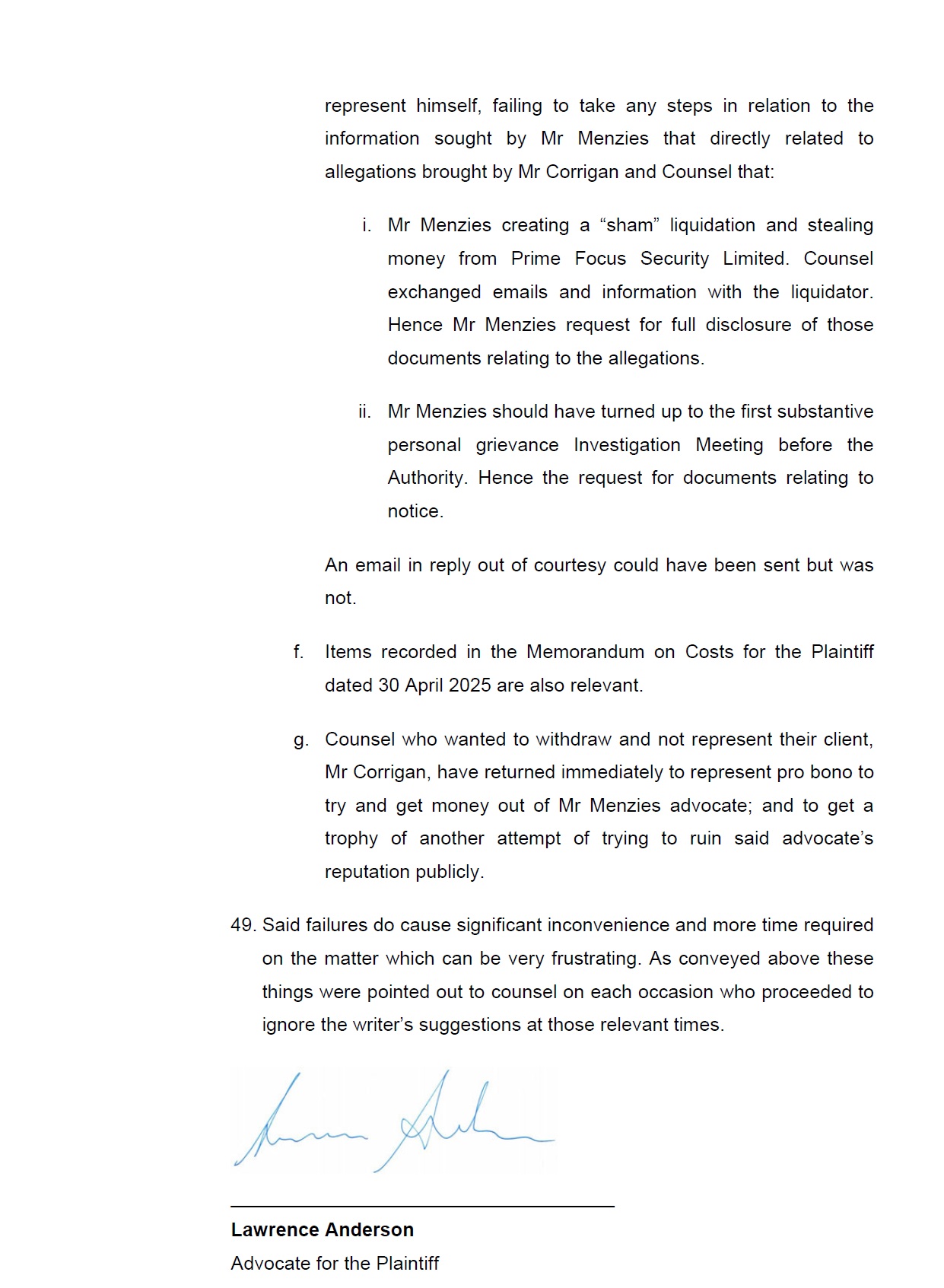 Submissions by Lawrence Anderson in Menzies v Corrigan [2025] NZEmpC 186