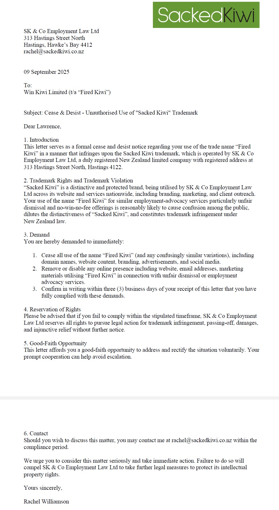 The letter asserts trade mark infringement and demands immediate cessation of Fired Kiwi use, takedown of online material, and written confirmation within three business days.