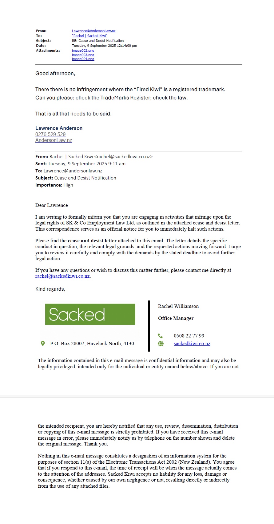 The cover email (high importance) attaching the cease and desist, and our short response: Fired Kiwi is registered - check the register and the law.