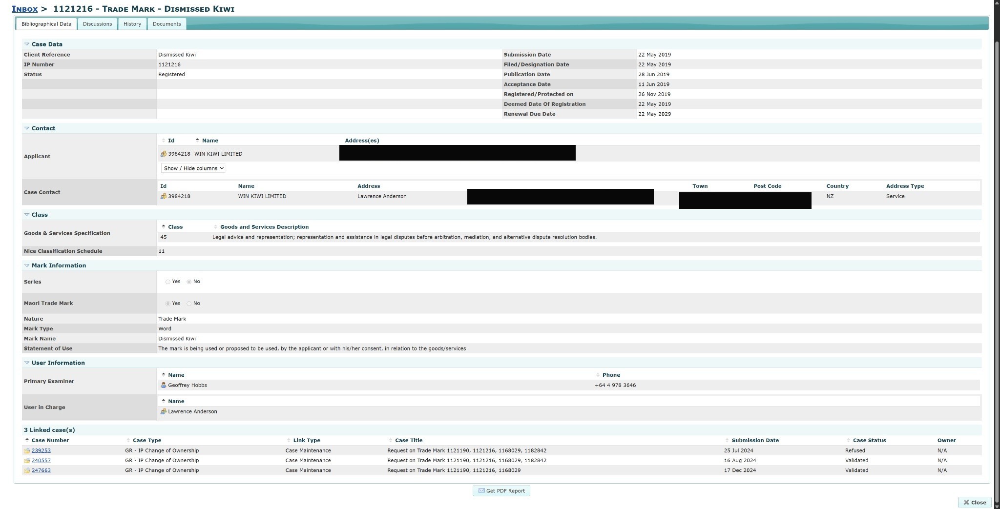 IPONZ register screenshot - Dismissed Kiwi IP 1121216