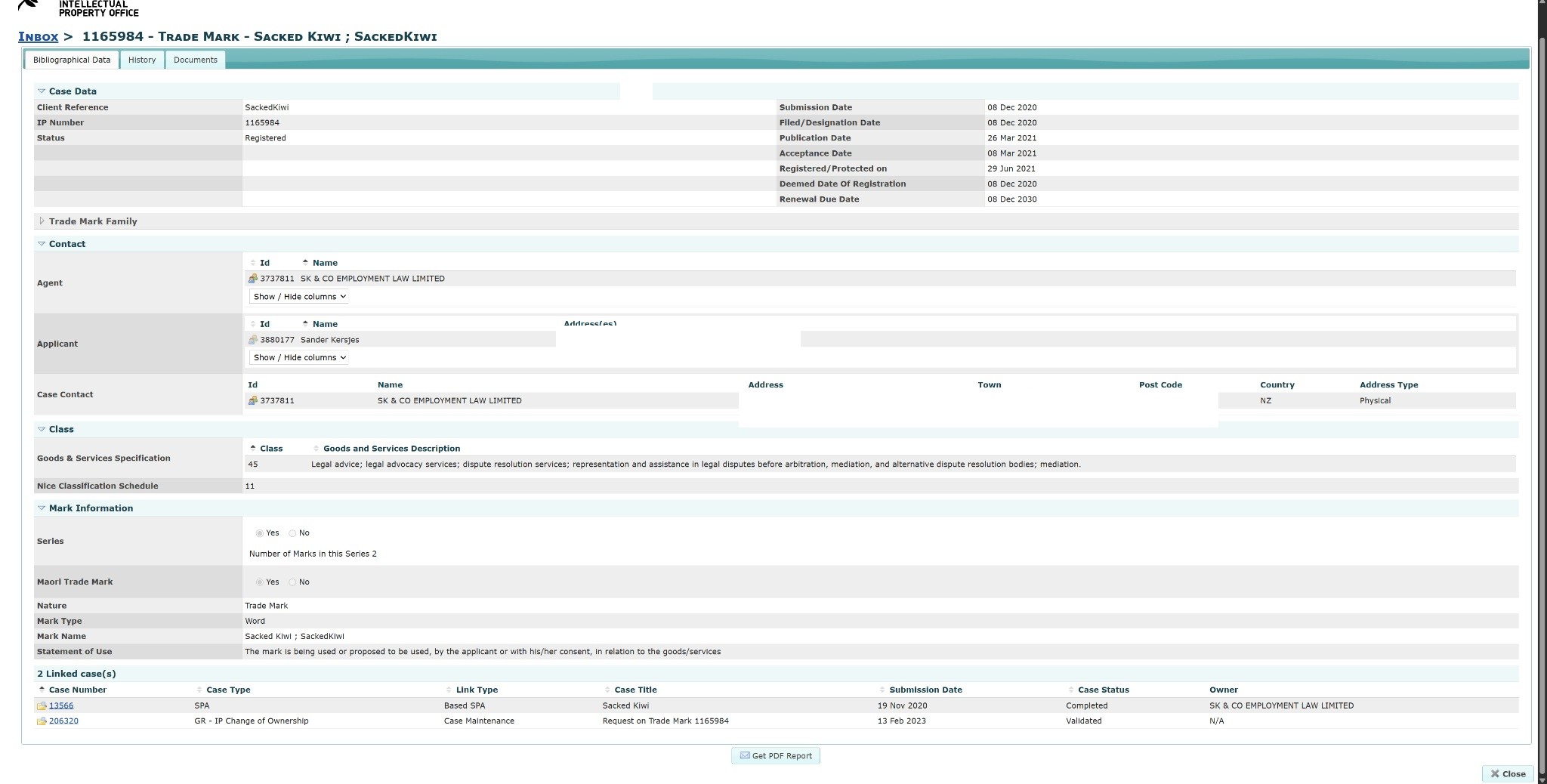 IPONZ register screenshot - Sacked Kiwi IP 1165984