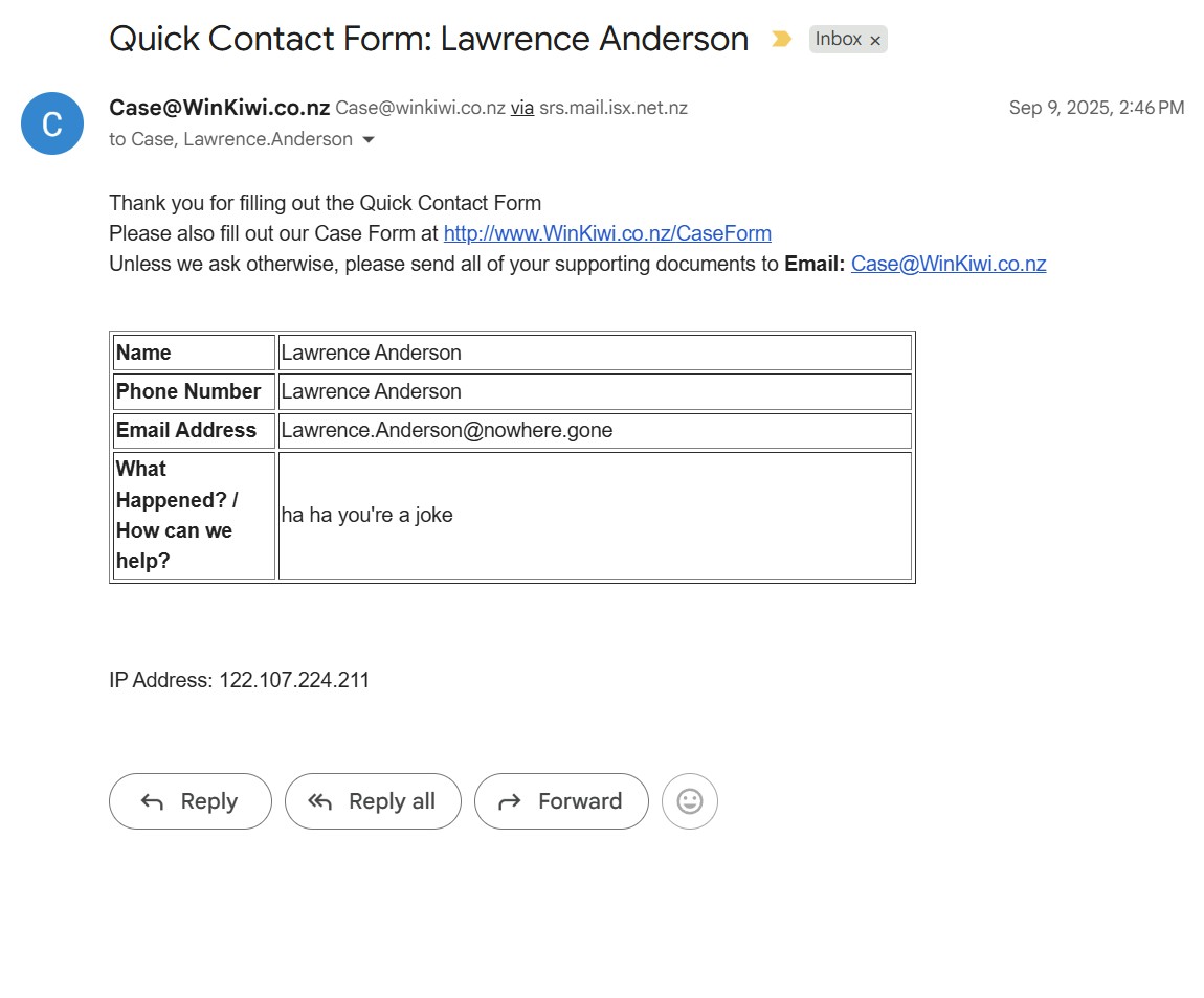 Quick Contact form abuse screenshot (IP address redacted)